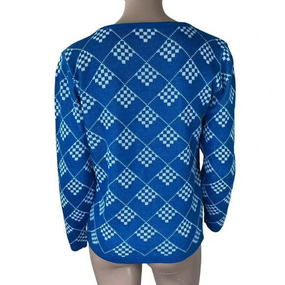 Prime Connection Vintage 80s Geometric Crewneck Knit Sweater Size M Blue White - Picture 2 of 16